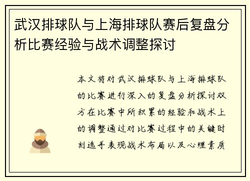 武汉排球队与上海排球队赛后复盘分析比赛经验与战术调整探讨
